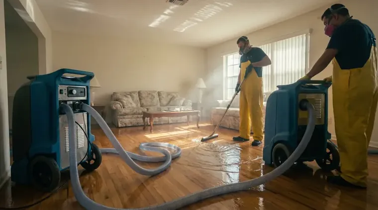 Air movers and dehumidifiers drying a room after water damage in an Elkridge, MD home