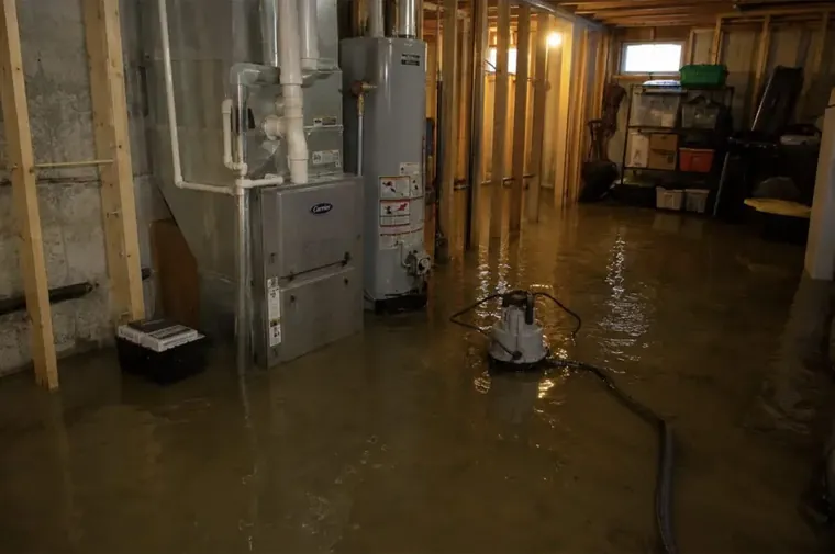 A failed water heater flooding a basement floor in an Elkridge, MD home